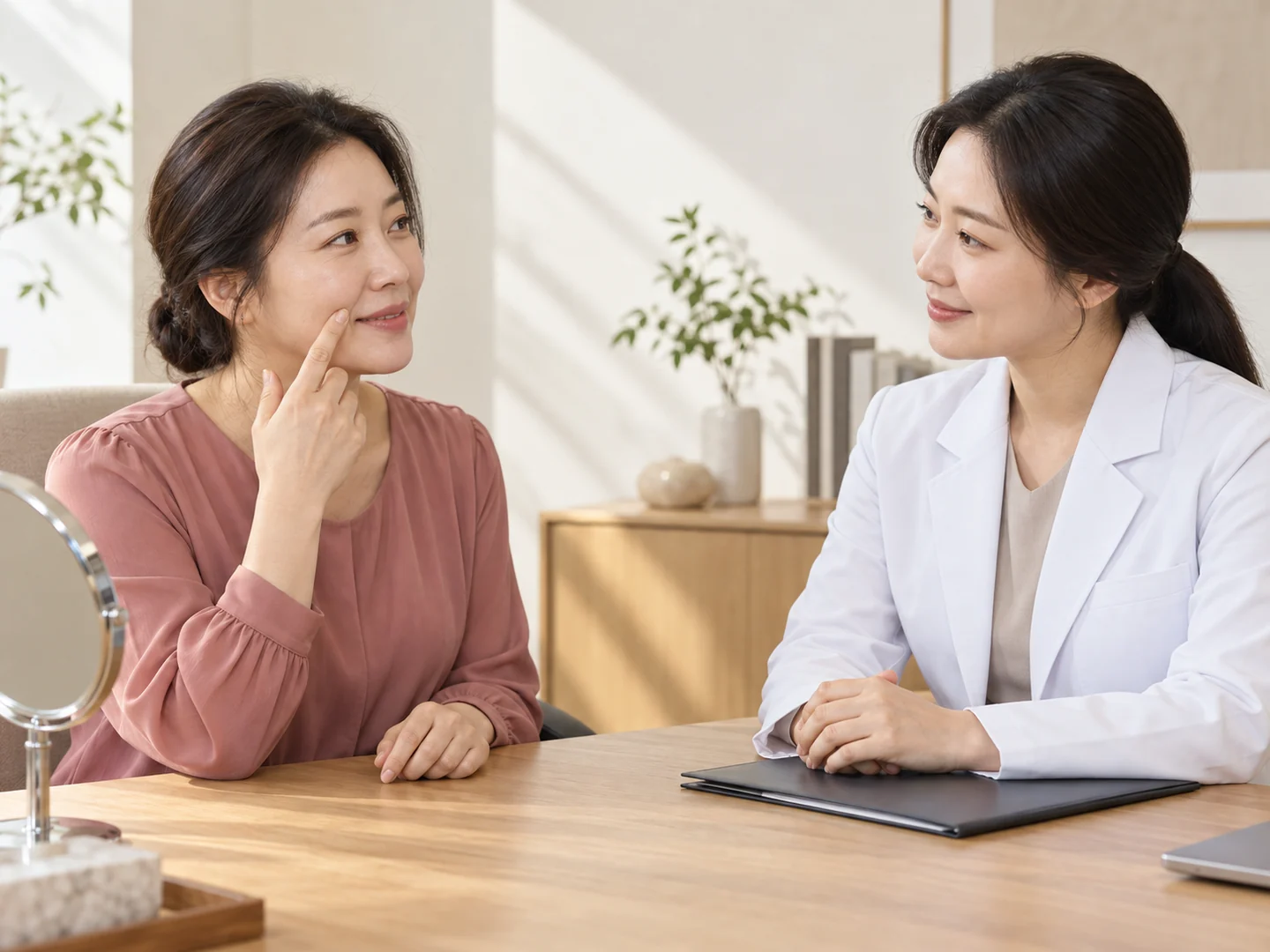 부위별 지방이식 상담을 표현한 생성 이미지이며 실제 환자의 진료 사진이 아닙니다.