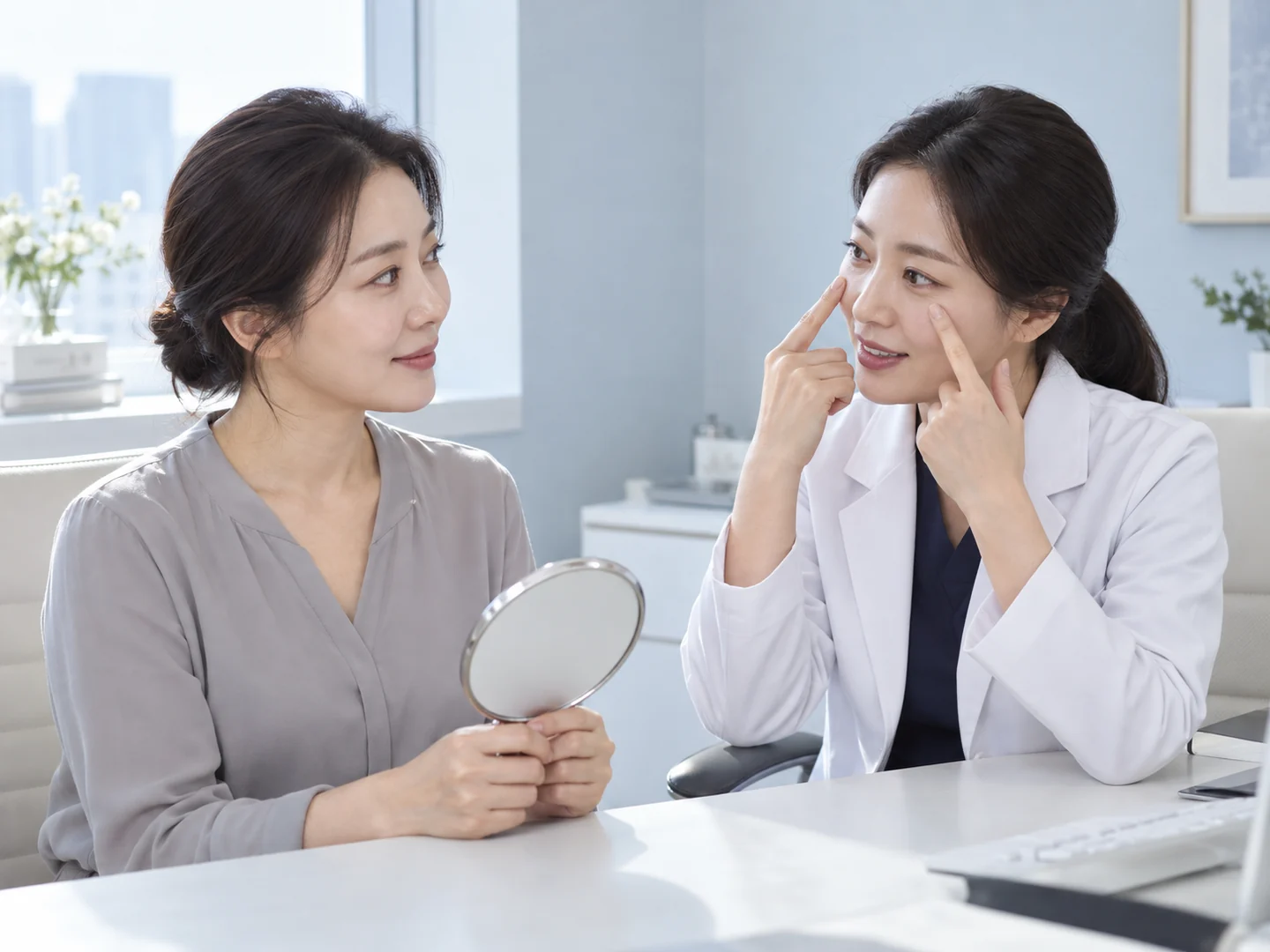 부위별 지방이식 상담을 표현한 생성 이미지이며 실제 환자의 진료 사진이 아닙니다.