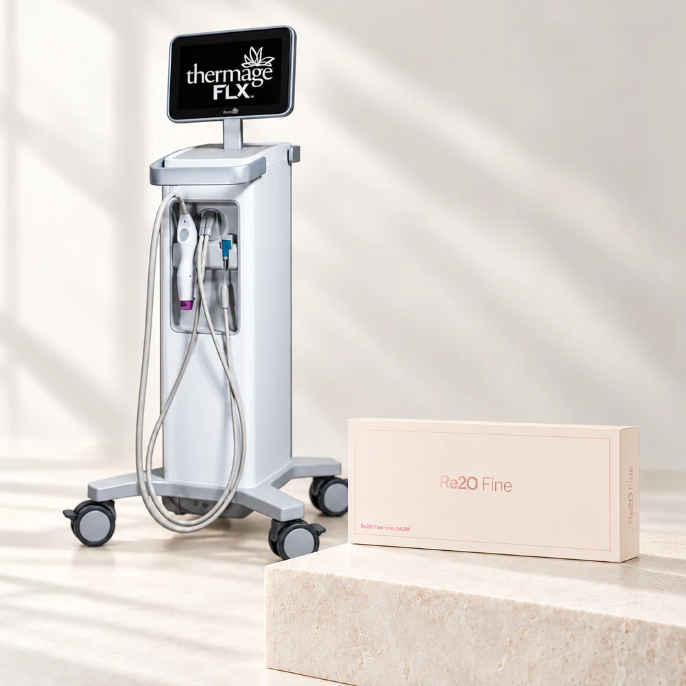 Eye Thermage 225 نبضة + Re2O Fine 2cc — صورة مركبة لمنتجات الباقة والجهاز